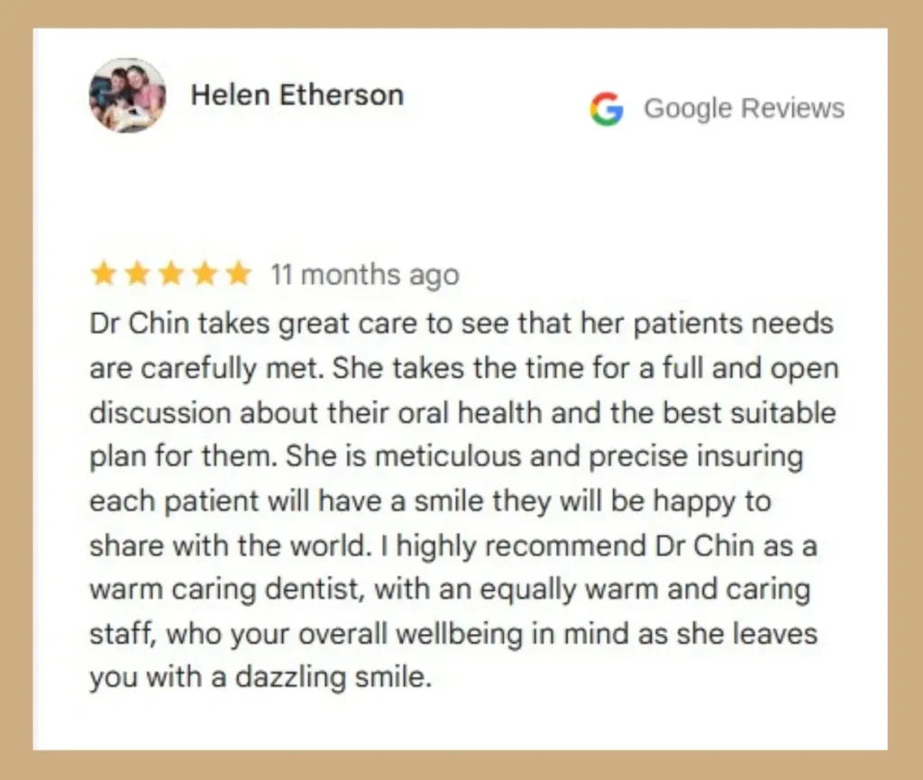 Dr. Chin offers full mouth restorations. Her dental patients leave stellar Google reviews. 
