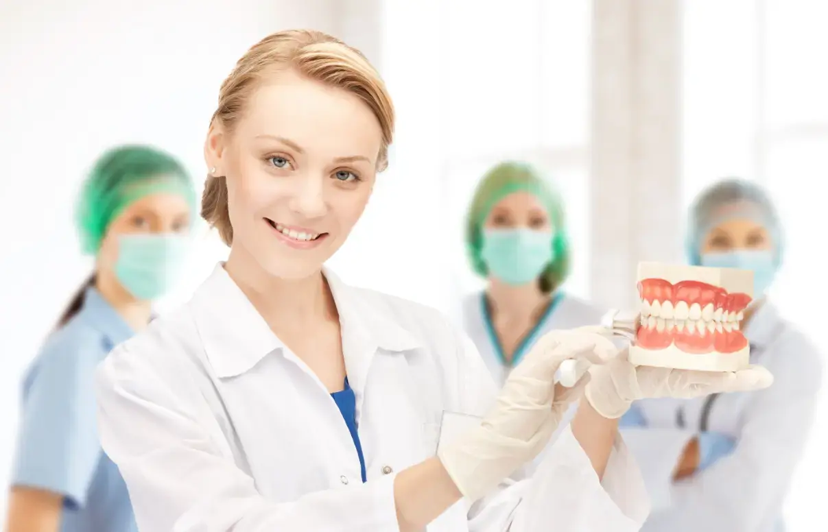 Dentist holding dental model, team in background.