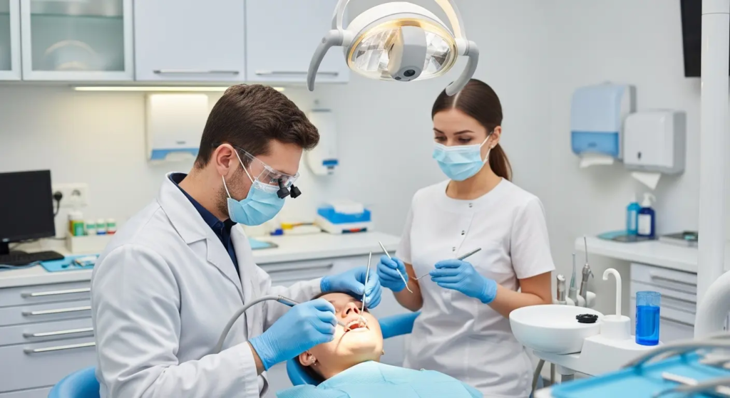 A gentle dentist performs a root canal procedure with his assistant. 